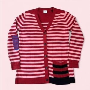 Cabi Red And Pink Striped Cotton Cardigan W/unique Pocket And Elbow Patch Sz‎ M